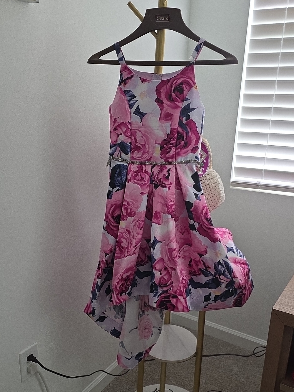Pink Floral Hi-Low Party Dress with Rhinestone Waist